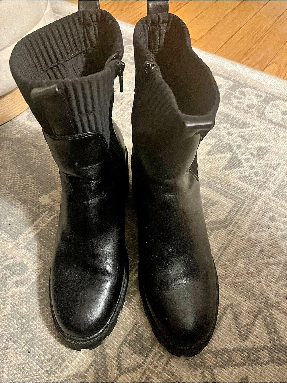 A New Day Black Leather Sock Booties Chunky Heel